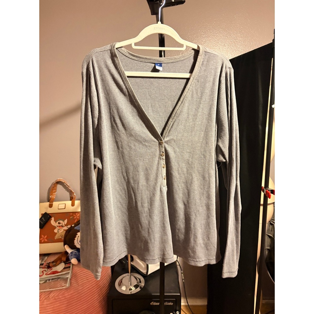 Old Navy Womens 3X Gray Ribbed Long Sleeve Henley V-Neck Top